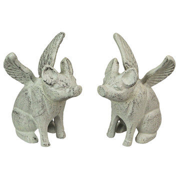 Set of 2 Cast Iron Distressed White Flying Pig Bookends Rustic Decorative Home