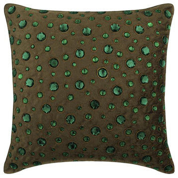 Beige 26"x26" Pillow Cover, Leather & Suede, Circles & Dots, Green Gems
