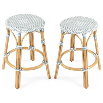 Home Square 2 Piece Rattan Counter Stool Set in Twilight Blue & White