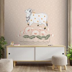 Cow and Lotuses, Pichwai Wallpaper Cream Color - Wallpaper