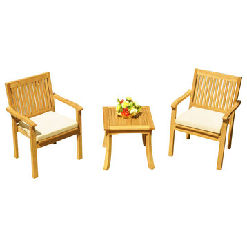3-Piece Outdoor Patio Teak Dining Set: 18" Side Table, 2 Leveb Stacking Chairs