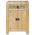 Golden Lotus - Chinese Rustic Raw Wood Side Table Cabinet Hcs1317 - This is a simple raw wood natural finish side table cabinet with a drawer and a storage compartment. There is a floral carving on the drawer with fading color touch up.