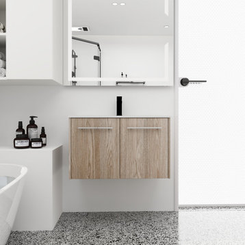 BNK Bath Vanity, Resin Sink, Modern Design, Soft Close Doors, White Oak, 30
