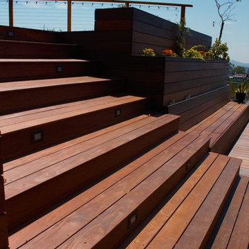 IPE Split level deck with Lighted stairs and stainless steel cable railing