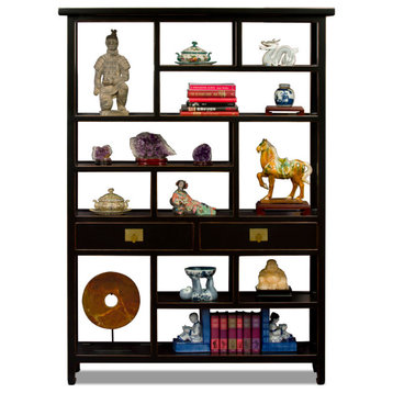 Distressed Black Elmwood Asian Curio Display Bookshelf