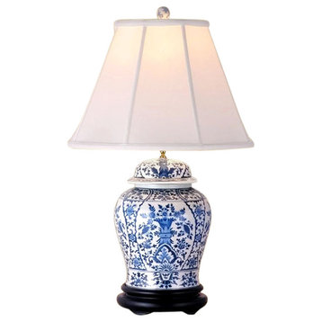 Blue and White Porcelain Temple Jar Table Lamp Chinoiserie Floral 29"