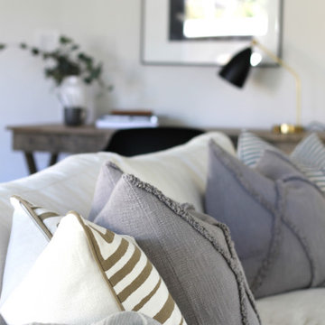 Neutral Textures on White Sofa in LA Transitional Home