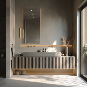 Fluted Gray Oak Floating Vanity – Contemporary Wall Hung Bathroom Cabinet