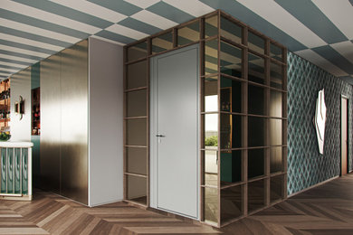 Diseño de recibidores y pasillos bohemios con suelo de madera oscura