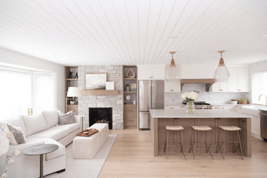 Living room - contemporary beige floor and shiplap ceiling living room idea in Other with a brick fireplace