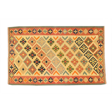 Vintage oriental geometric Beige handmade wool living room rug 5x10