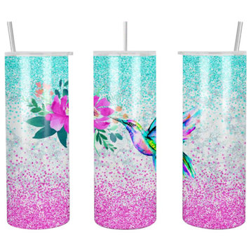 Hummingbird Attracted to Flowers 20 Oz Skinny Metal Tumbler w/Lid and Straw