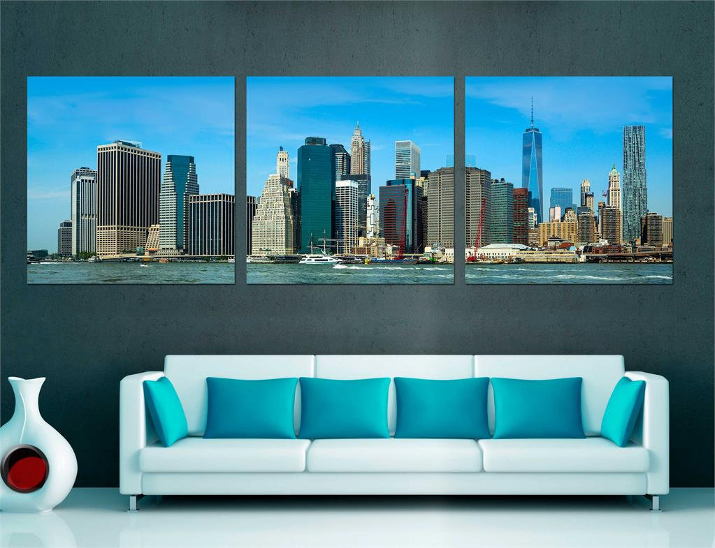 60x20 Panoramic Manhattan, NYC Skyline Canvas Print, 3 Panel Split, Triptych ...