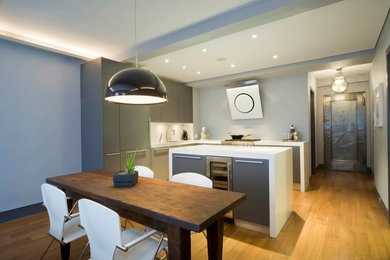 Open concept kitchen - mid-sized modern l-shaped medium tone wood floor and brown floor open concept kitchen idea in New York with an undermount sink, flat-panel cabinets, gray cabinets, quartz countertops, paneled appliances and an island