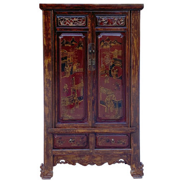 Chinese Vintage Brown Golden Scenery Armories Storage Cabinet Hcs6059