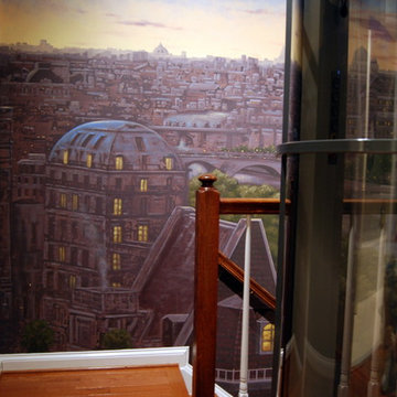 Paris Panorama 360 degree Mural hand painted throughout a 17 foot stairway