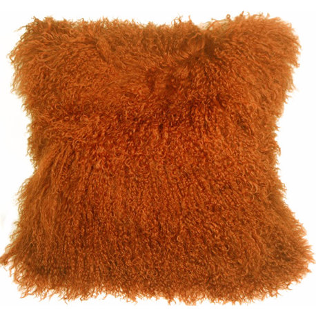 Genuine Mongolian Sheepskin Throw Pillow with Insert (16+ Colors), Burnt Orange