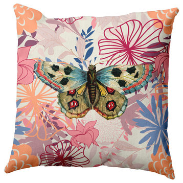 Butterfly In Floral Jumble Decorative Throw Pillow, Orange, 16"x16"