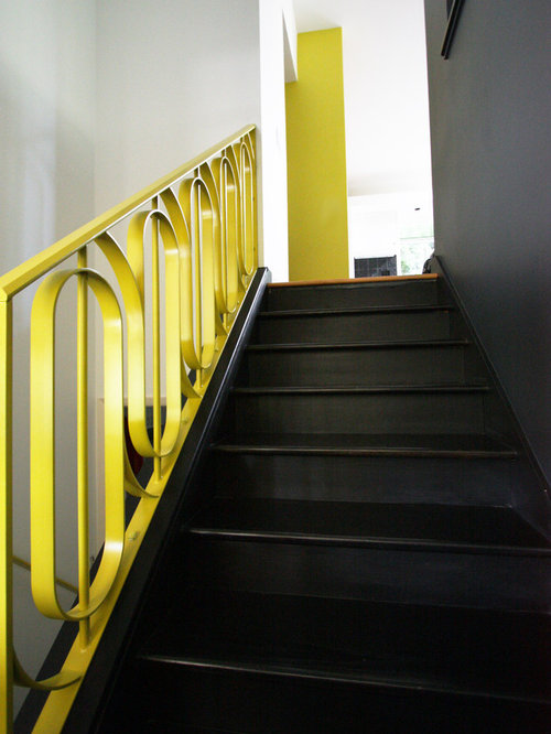 Eclectic Staircase Glasgow Example of a mid-sized eclectic painted wood straight staircase design in Portland