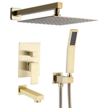 12" Wall Mounted Rainfall Shower System With Tub Spout, Brushed Gold