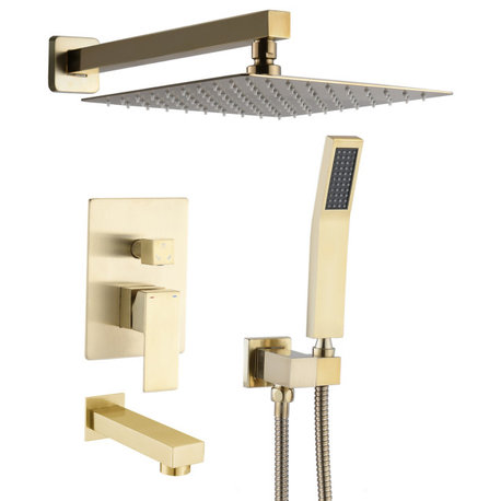 12" Wall Mounted Rainfall Shower System With Tub Spout, Brushed Gold