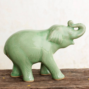 NOVICA Laughing Elephant And Celadon Ceramic Figurine