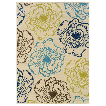 Coronado Indoor and Outdoor Floral Ivory and Blue Rug, 5'3"x7'6"