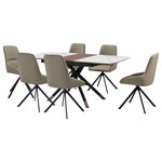 Armen Living - Alora Maverick Extendable 7 Piece Dining Set With Swivel Chairs - The Alora Maverick Extendable 7 Piece Dining Set with Swivel Chairs includes 6 Maverick swivel dining chairs and 1 Alora extendable dining table. The dining room chairs blend crisp lines and sleek details to lend a dose of comfort and style. They feature soft upholstery to serve as a chic and comfortable accent for any room. Elevated upon pyramid-shaped, black metal legs, the kitchen chairs remain an effortless and versatile addition to your home. They feature a tall, scoop-back to provide long-lasting comfort and support, enabling you to sit for long hours. Our dining table chair can serve as a stylish and comfy office chair or provide a comfortable seat in your living room. The Maverick includes a wonderful 180 - degree swivel function to offer maximum mobility and ease with following conversations. The Maverick is upholstered in a soft polyester fabric or UV and stain-resistant faux leather which does not crack or fade easily to provide easy maintenance. The tabletop features a harmonious combination of light gray ceramic with a walnut finished wood accent in its center. Rounded edges attain a soft silhouette, and the metal cross leg base brings a cool touch with the copper caps. This table can easily extend from 51" to 67" to comfortably seat up to six of your closest friends or family members. From a perfect spot to enjoy your casual meals to a luxe place to host your formal dinners, our dining table remains a versatile and stylish addition to your home. The table is expertly crafted to offer durability and easy maintenance. This kitchen dining set is available in 5- or 7-piece set configurations and your choice of two-tone gray fabric or taupe gray faux leather upholstery.