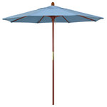 March Products - 7.5' Wood Umbrella, Air Blue - The classic look of a traditional wood market umbrella by California Umbrella is captured by the MARE design series.  The hallmark of the MARE series is the beautiful 100% marenti wood pole and rib system. The dark stained finish over a traditional marenti wood is perfect for outdoor dining rooms and poolside d-cor. The deluxe push lift system ensures a long lasting shade experience that commercial customers demand. This umbrella also features Sunbrella fabrics, which are built on a foundation of solution-dyed acrylic yarn, the most resilient and solid material for prolonged sun exposure, to offer even longer color retention rating than competing material sources.