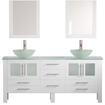Montgomery 71" White Tempered Glass Double Vanity Set, Brushed Nickel Faucets