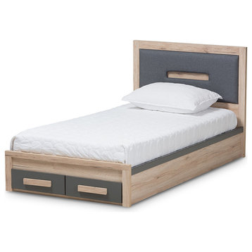 Dark Grey and Light Brown Two-Tone 2-Drawer Twin Size Storage Platform Bed