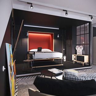 Small midcentury modern enclosed carpeted home theater photo in Other with black walls and a projector screen