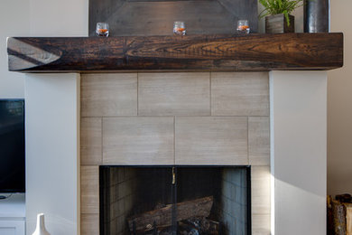 Mid-sized transitional formal and open concept dark wood floor living room photo in Minneapolis with beige walls, a wood stove, a stone fireplace and a media wall