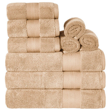 9 Piece Luxury Cotton Face Hand Bath Towel Set, Hazelnut