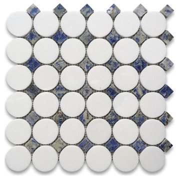 Thassos White Marble Round Mosaic Tile Azul Macaubas Blue Polished, 1 sheet