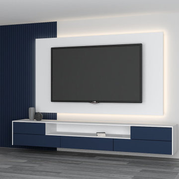 Wall Mounted Matt TV Unit With Back Panels in Marine Blue by Inspired Elements