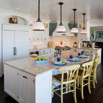 White Brookhaven Cabinet Kitchen with Beadboard Ceiling and Pendant Lights