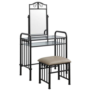 Traditional Vanity Set, Metal Frame With Slatted & Mirror Accents, Dark Bronze