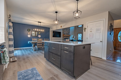 Kitchen pantry - large transitional l-shaped brown floor kitchen pantry idea in Cleveland with an undermount sink, shaker cabinets, white cabinets, quartz countertops, white backsplash, porcelain backsplash, stainless steel appliances, an island and white countertops