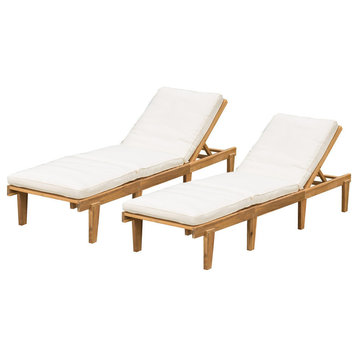 Paolo Outdoor Teak Wood Chaise Lounge With Cushions, Set of 2