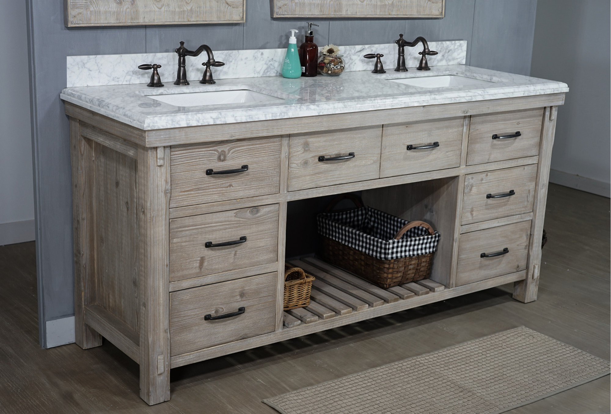 Double Sink Vanity With Carrara White Marble Top With Rectangular Sink ...