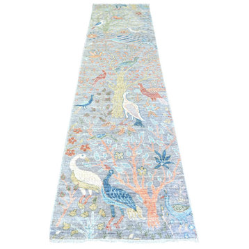 Gray Wool Hand Knotted Birds of Paradise Peshawar Runner Rug, 2'6"x10'1"