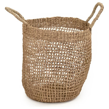 Cylindrical Netted Woven Basket With Handles, Medium