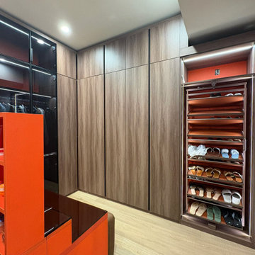 Closet Custom Pull-Out Shoe System & Seamless Tall Wardrobe Facade