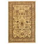 Bareens Designer Rugs - Shabby Chic Ziegler Terry Tan Brown Hand-Knotted Wool Rug - 3'11'' x 5'9'' - Enhance the ambiance of your home with this magnificent Persian-influenced Turkish hand-knotted rug made by skilled artisans capable of creating the most exceptional vegetable dyes and hand-spun wool. This exquisite handmade rug is a one-of-a-kind Peshawar Kafkaz, otherwise identified as Chobi, Chobi Peshawar, Oushak, or Ziegler rug. These handmade rugs are crafted in Pakistan utilizing superior-quality wool imported from Australia, New Zealand, and Korea in two types of weaves: the Persian weave and the Mori weave. This rug is meticulously crafted by hand using the finest natural vegetable dyes extracted from local plants. The artisans use a blend of hand-spun local and fine merino wool, resulting in a rug with a compelling texture, higher lanolin content, and longer staple. The artisans occasionally incorporate natural or artificial silk into the pile to enhance specific motifs. The finished product is an awe-inspiring execution of flawless design and an understated palette that exudes elegance.