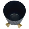 Benzara UPT-272900 Round Hammered Metal Planter Pot With Wood Arch Stand, Blue