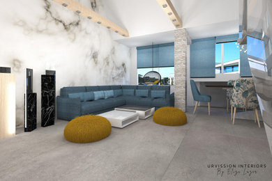 Design ideas for a large contemporary formal and grey and white open plan living room with multi-coloured walls, ceramic flooring, a ribbon fireplace, a concrete fireplace surround, a built-in media unit, grey floors, a timber clad ceiling and feature lighting.