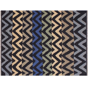 Caucasian Turkish Kilim Schell Black/Blue Wool Rug - 9'4'' x 12'3''