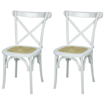 Set of 2 Indoor Outdoor Dining Chair, X-Shaped Back & Natural Cane Seat, White
