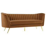 Meridian Furniture - Margo Velvet Upholstered Set, Saddle, Sofa - Lean back and lounge in luxurious style on this stunning Margo saddle velvet sofa by Meridian Furniture. This contemporary sofa features plush velvet upholstery that is both classy and sumptuous against your skin, a single seat cushion and rounded arms that curve into a low, rounded back, creating a perfect, modern piece for your home. Gold stainless steel legs support this sofa and provide stunning contrast to the sofa's plush, saddle fabric.